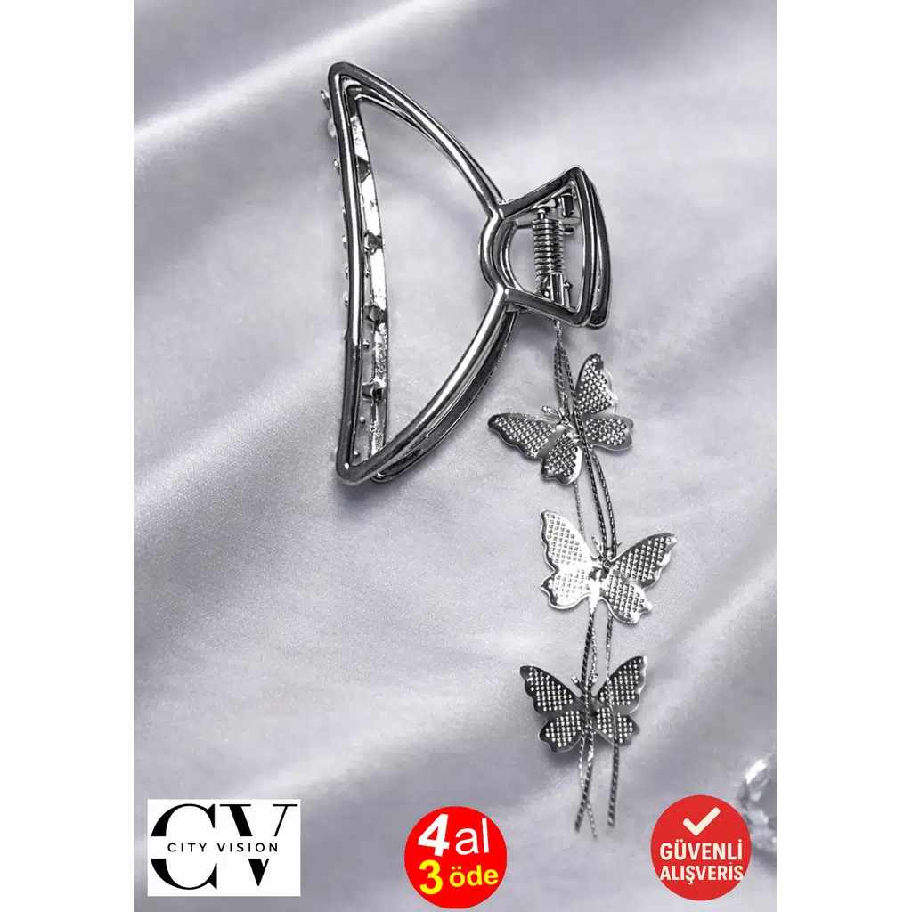 Gümüş Taşlı Kelebek Zincir Detaylı Metal Saç Tokası – Zarif ve Şık Mandal Toka 7 cm