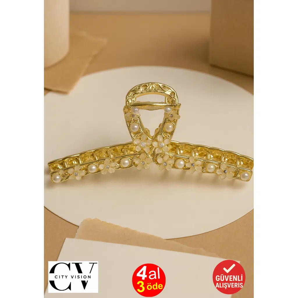 İnci ve Çiçek Model Gold Saç Tokası – Zarif Mandal Toka 11 cm