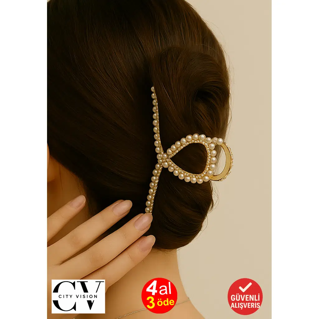 İnci ve Taş Detaylı Kurdele Formlu Metal Mandal Saç Tokası 11 cm – Zarif ve Işıltılı Tasarım