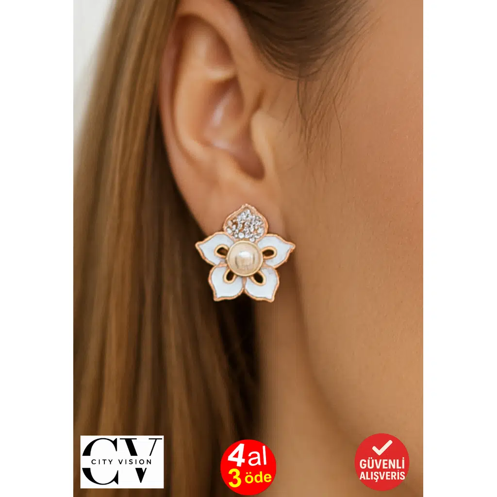 İncili Çiçek Tasarım Zirkon Küpe 1,5 cm