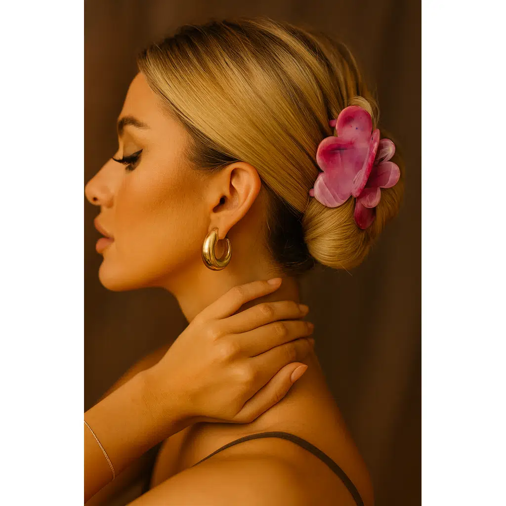Işıltılı Pembe Çiçek Kemik Mandal Toka – Günlük & Şık Saç Aksesuarı