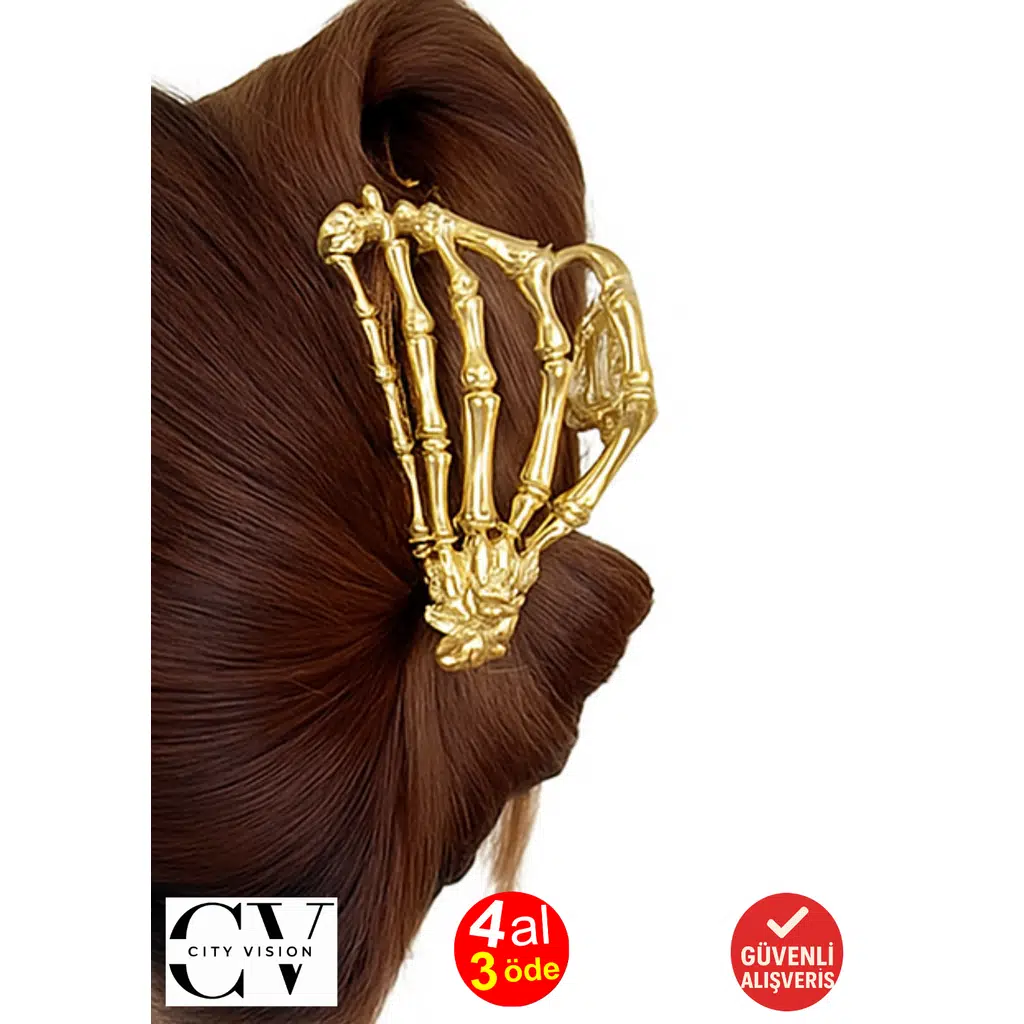 İskelet El Tasarımlı Metal Mandal Saç Tokası Altın Renk 9 cm – Rock & Gotik Stil Şık Aksesuar