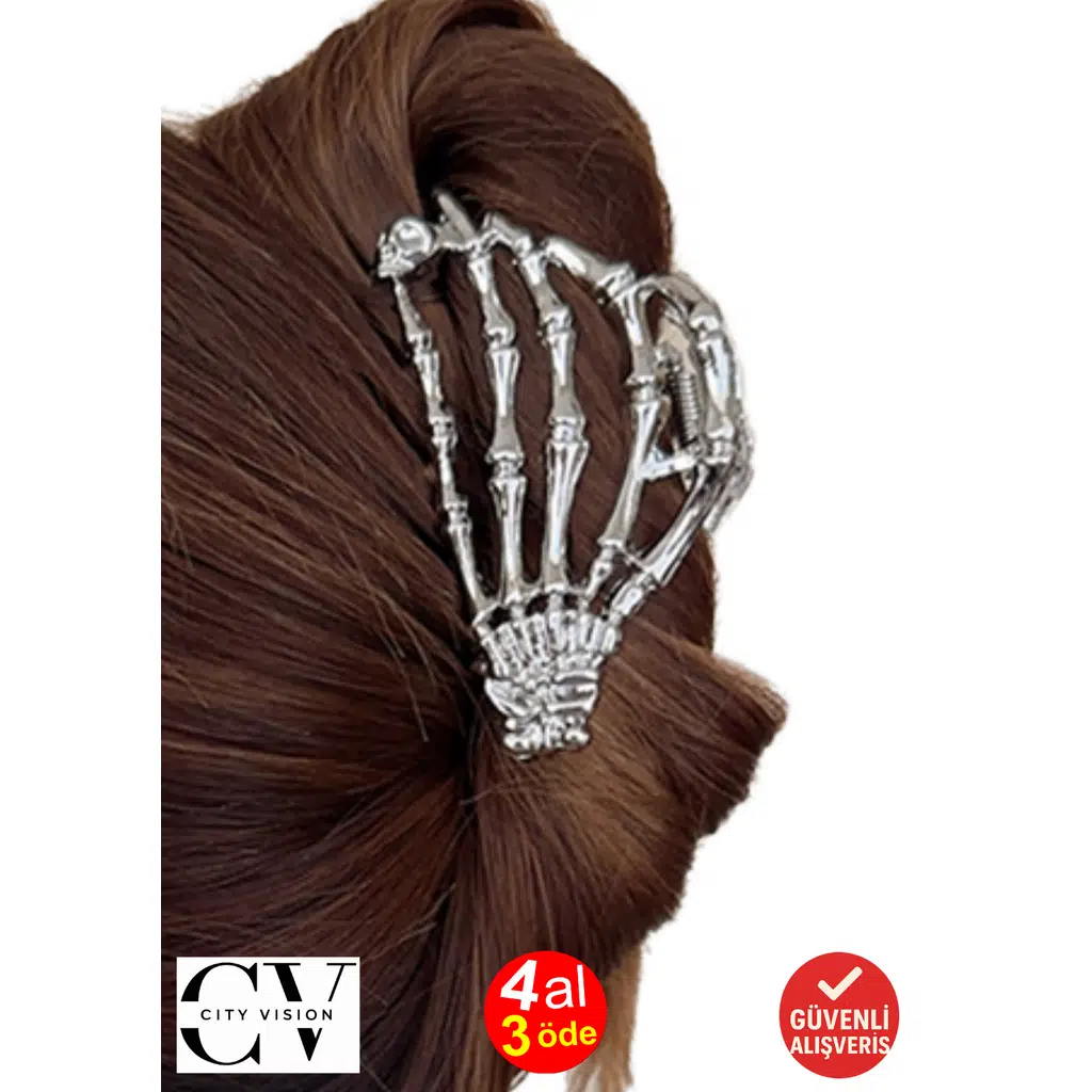 İskelet El Tasarımlı Metal Mandal Saç Tokası Gümüş Renk 9 cm – Rock & Gotik Stil Şık Aksesuar