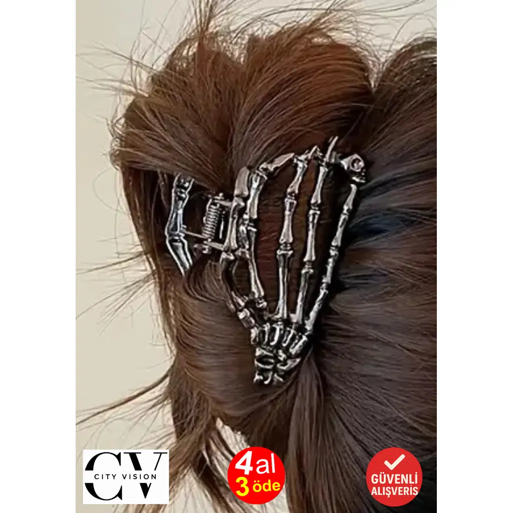 İskelet El Tasarımlı Metal Mandal Saç Tokası Siyah Renk 9 cm – Rock & Gotik Stil Şık Aksesuar