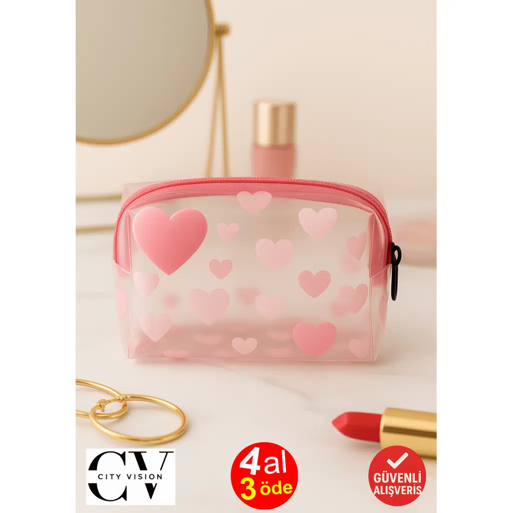 Kalp Figürlü Şeffaf Fermuarlı Mini El ve Makyaj Çantası | 10x6 cm