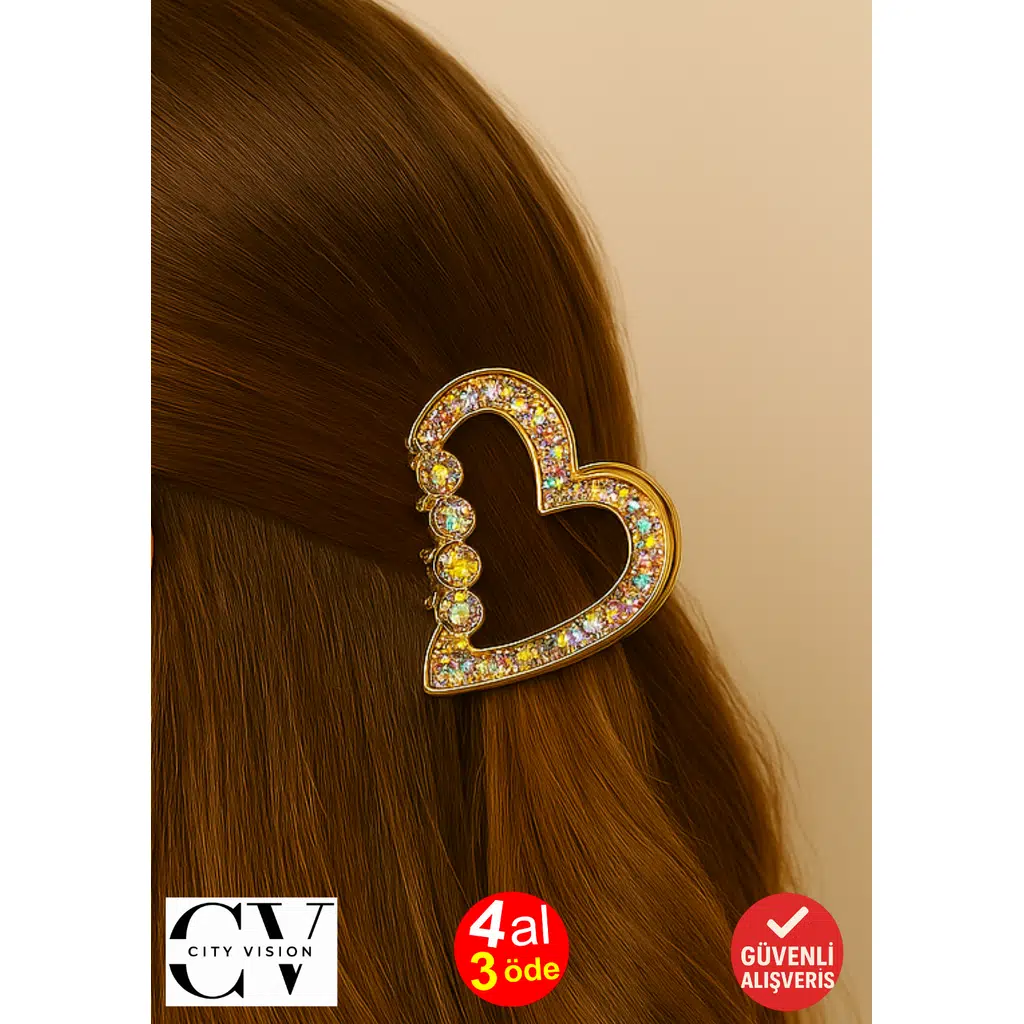 Kalp Formlu Renkli Taş Detaylı Metal Mandal Saç Tokası 4 cm – Işıltılı ve Romantik Tasarım