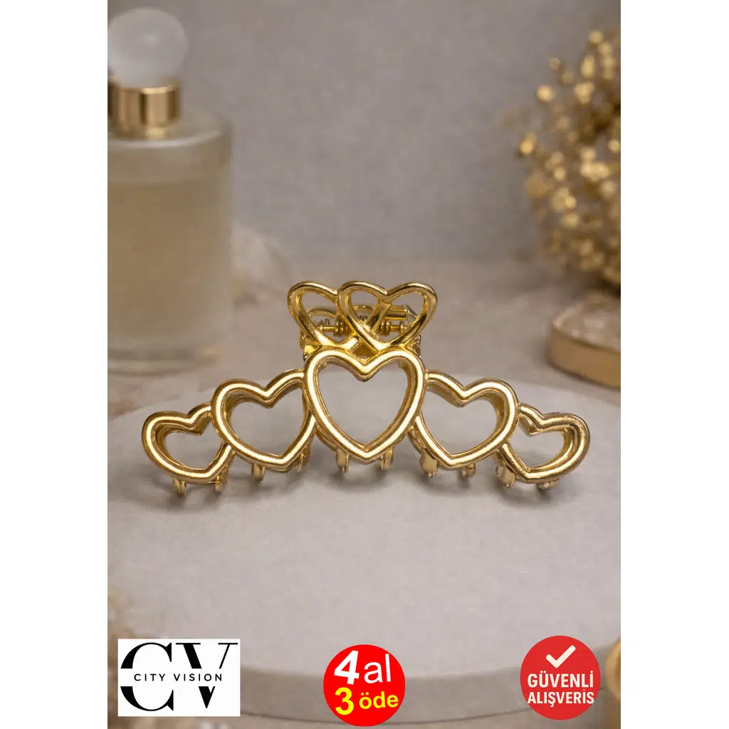 Kalp Model Gold Saç Tokası – Zarif Metal Mandal Toka 8 cm
