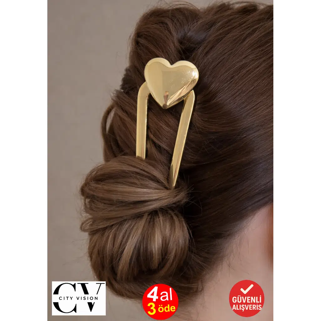 Kalp Model Gold U Toka – Zarif Metal Saç Tokası 12 cm