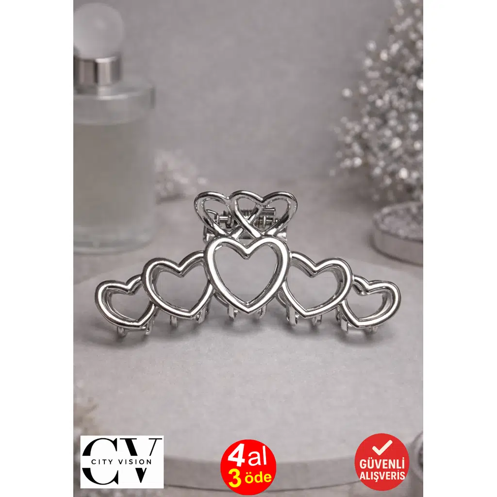 Kalp Model Gümüş Saç Tokası – Zarif Metal Mandal Toka 8 cm