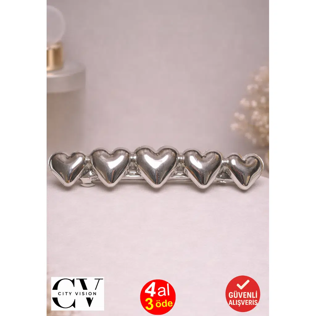 Kalp Model Gümüş Saç Tokası – Zarif Metal Mandal Toka 8 cm