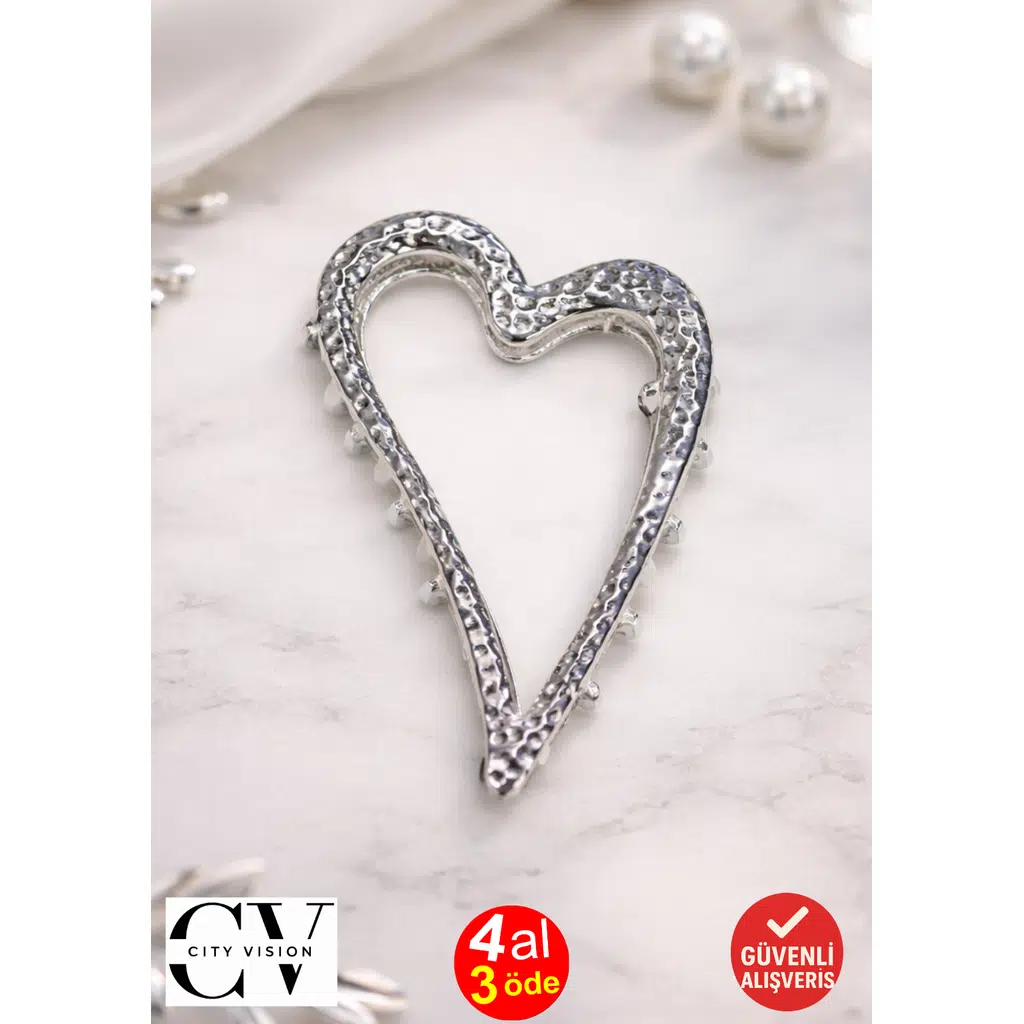 Kalp Model Gümüş Saç Tokası – Zarif ve Modern Metal Mandal Toka 8 cm