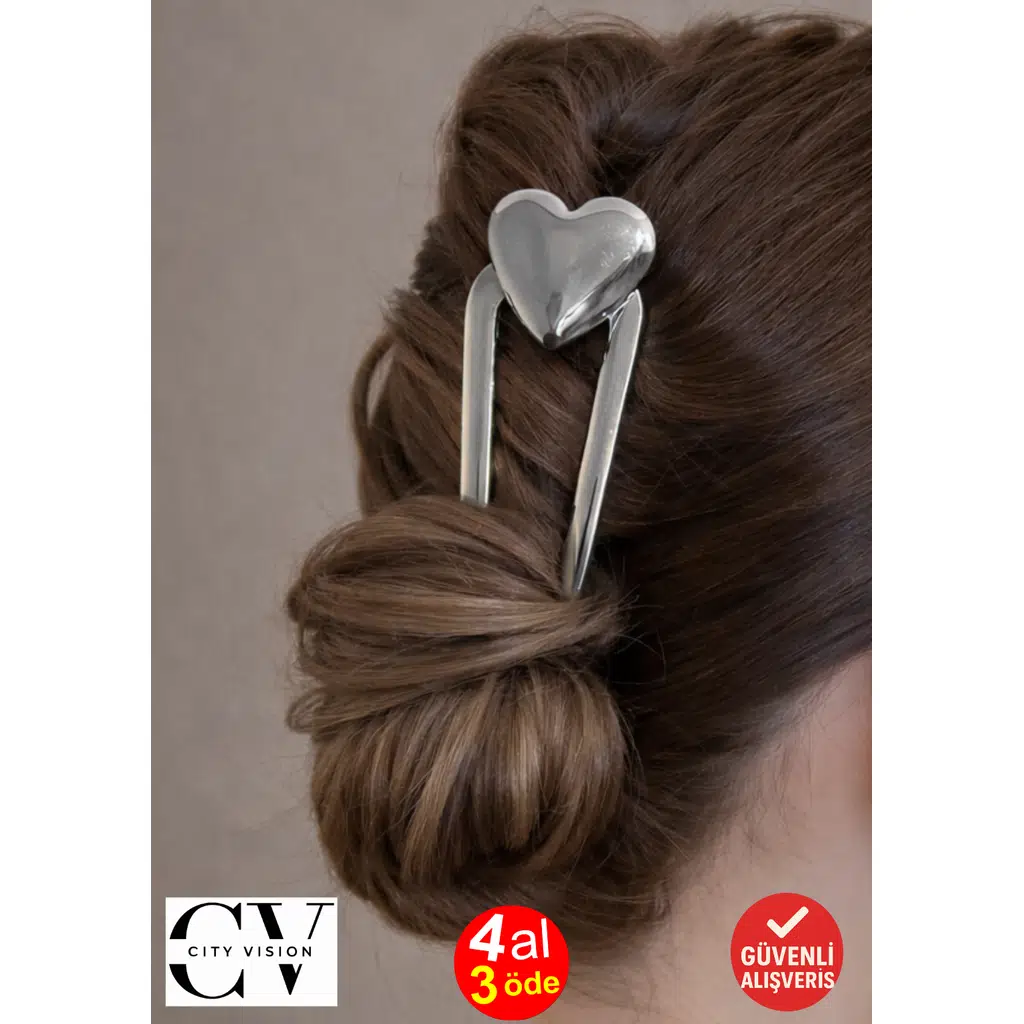 Kalp Model Gümüş U Toka – Zarif Metal Saç Tokası 12 cm