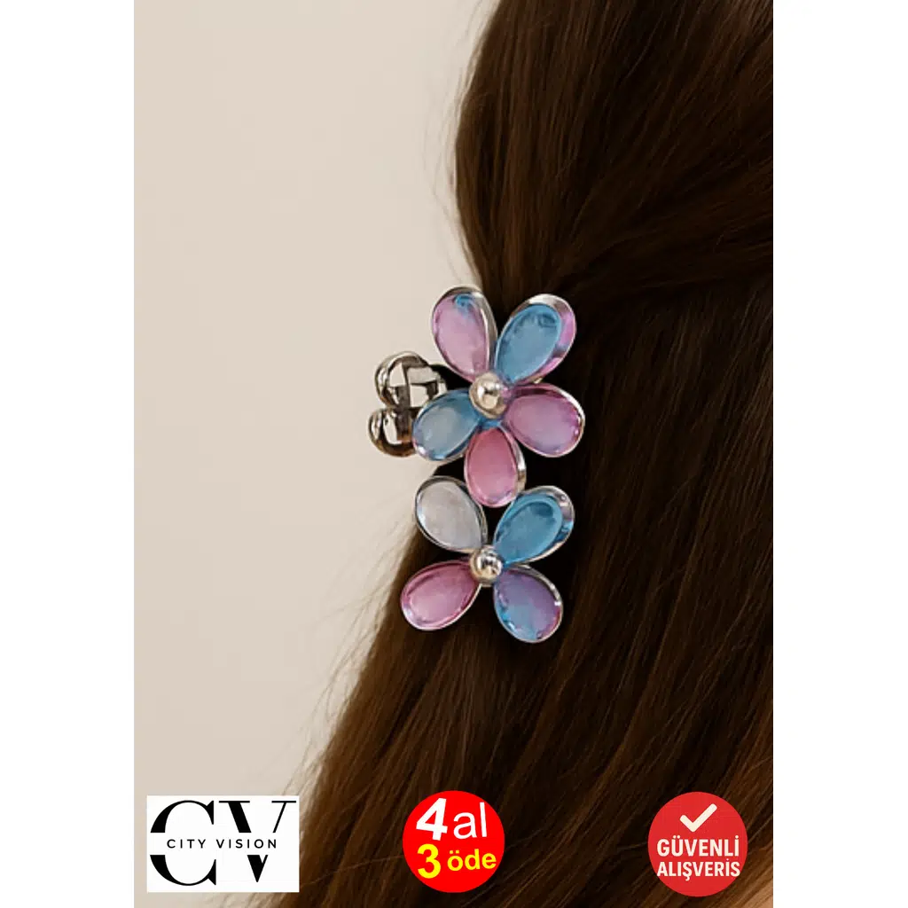 Karışık Renkli Taşlı Çiçek Gümüş Detaylı Metal Mandal Toka 4 cm 