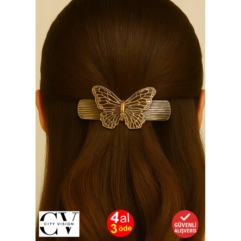 Kelebek Figürlü Metal Saç Tokası Altın Renk 8 cm – Zarif ve Şık Tasarım