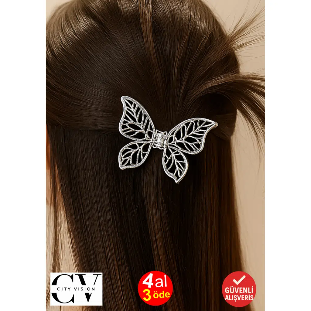 Kelebek Model Gümüş Renk 7 cm Orta Boy Metal Saç Tokası