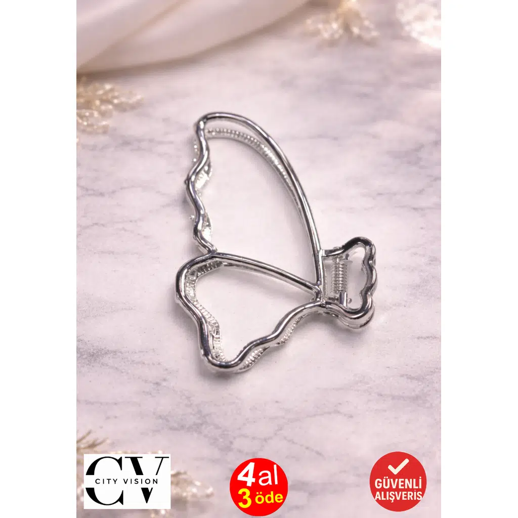 Kelebek Model Gümüş Saç Tokası – Zarif ve Modern Metal Mandal Toka 7 cm