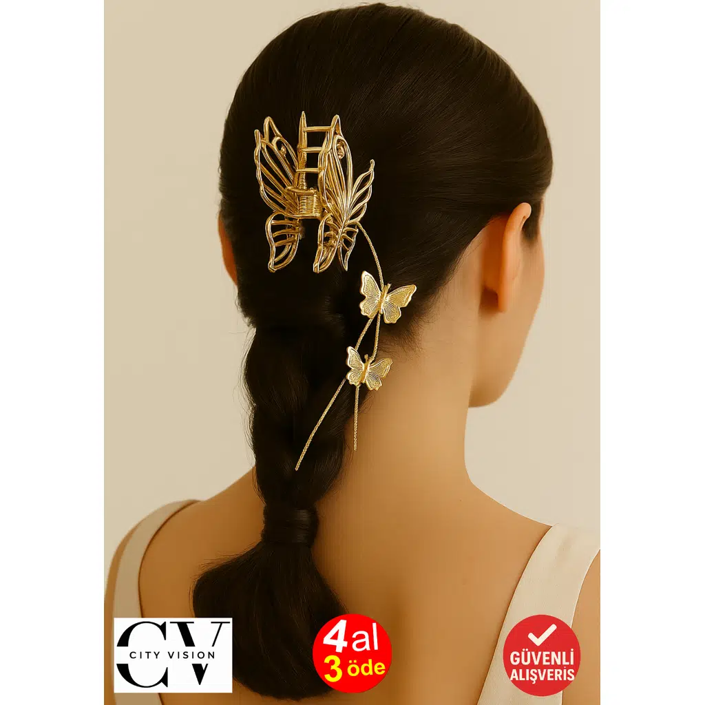 Kelebek Tasarımlı Uzun Zincirli Metal Saç Tokası Altın Renk 7 cm – Zarif ve Gösterişli Aksesuar