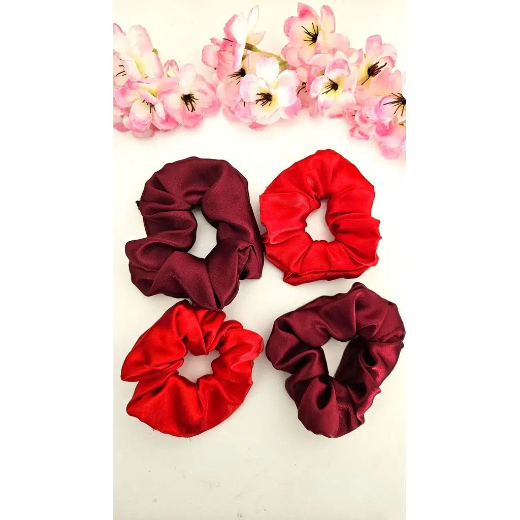 Kına ve Nişan Düğün için Lastikli Simit Kırmızı ve Bordo Saten 4lü Scrunchie Saç Toka Seti