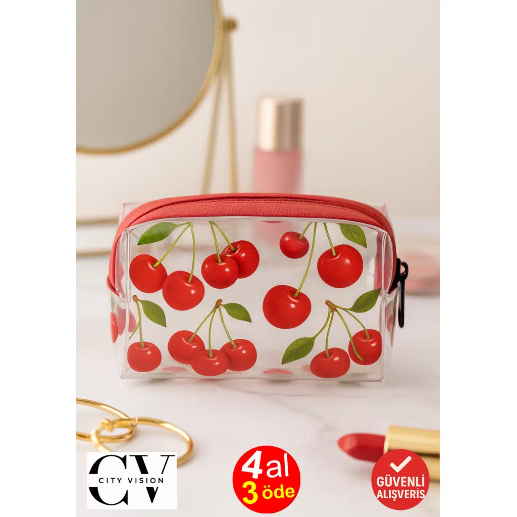 Kiraz Desenli Şeffaf Fermuarlı Mini El ve Makyaj Çantası | 10x6 cm
