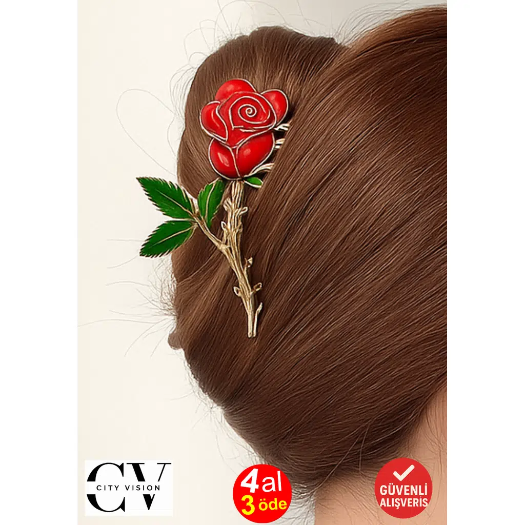 Kırmızı Gül Model Saç Tokası – Zarif Çiçekli Metal Mandal Toka 11 cm