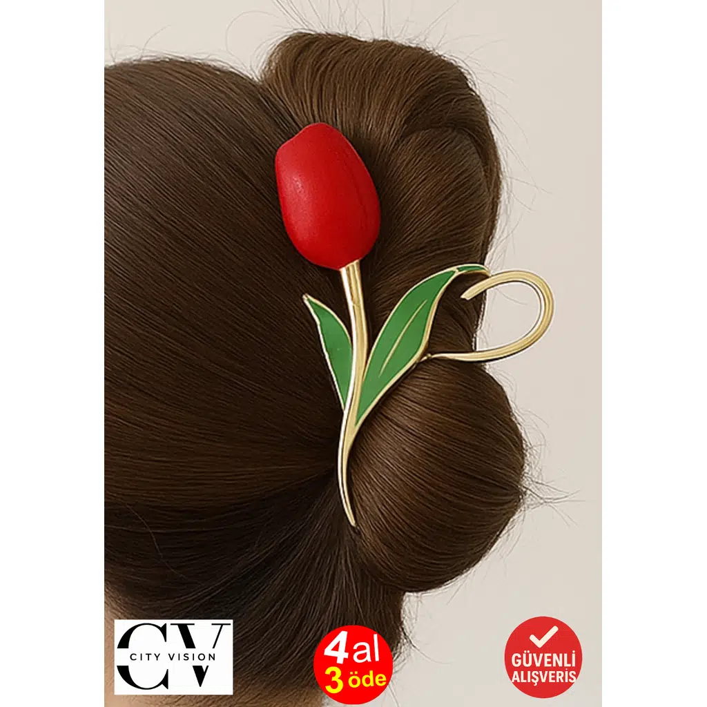 Kırmızı Lale Model Saç Tokası – Zarif Çiçekli Metal Mandal Toka 11 cm