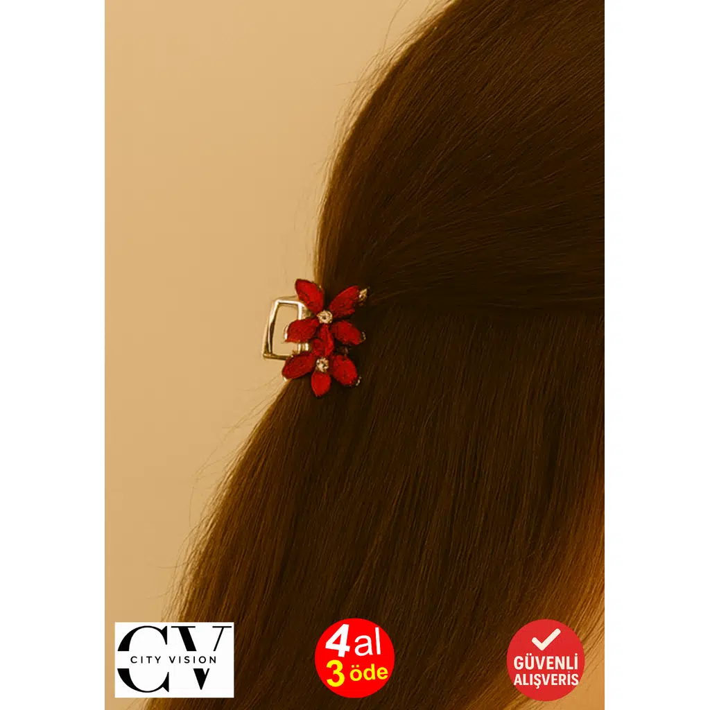 Kırmızı Taşlı Çiçek Gümüş Detaylı Metal Mandal Toka 4 cm 