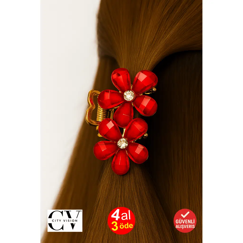 Kırmızı Taşlı Çiçek Metal Mandal Toka 4 cm 