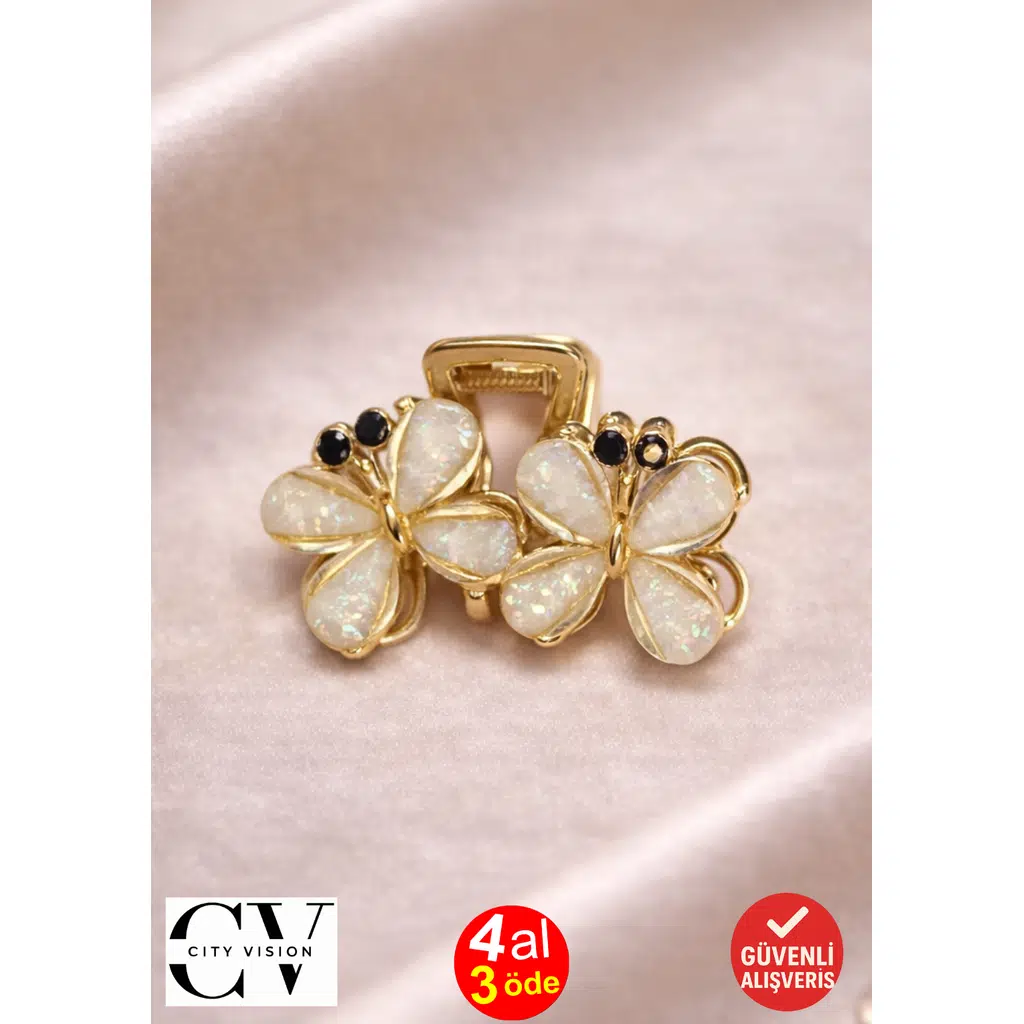 Krem İnci Görünümlü Kelebek Formlu Gold Kadın Saç Tokası – Zarif Taş Detaylı Metal Mandal Toka 4 cm