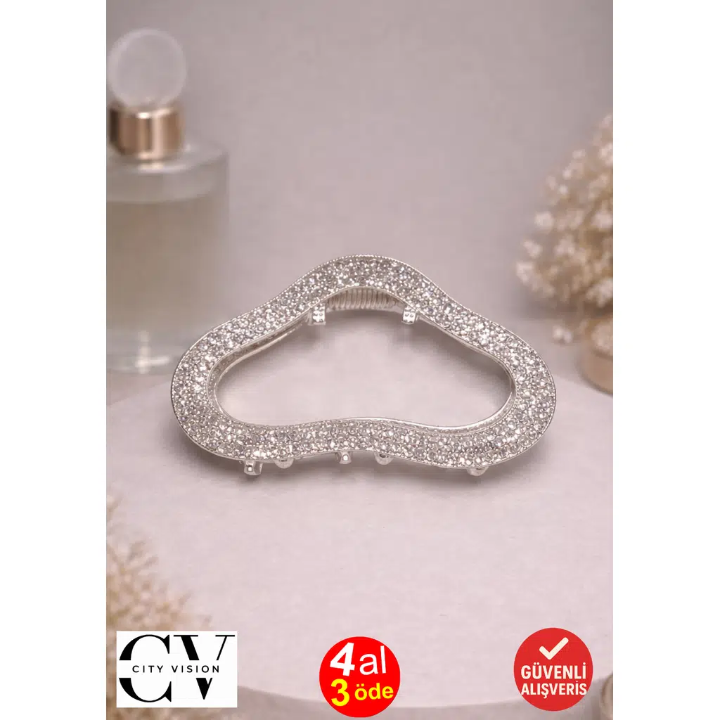 Kristal Taşlı Dalga Formlu Gümüş Saç Tokası – Işıltılı Metal Mandal Toka 5 cm