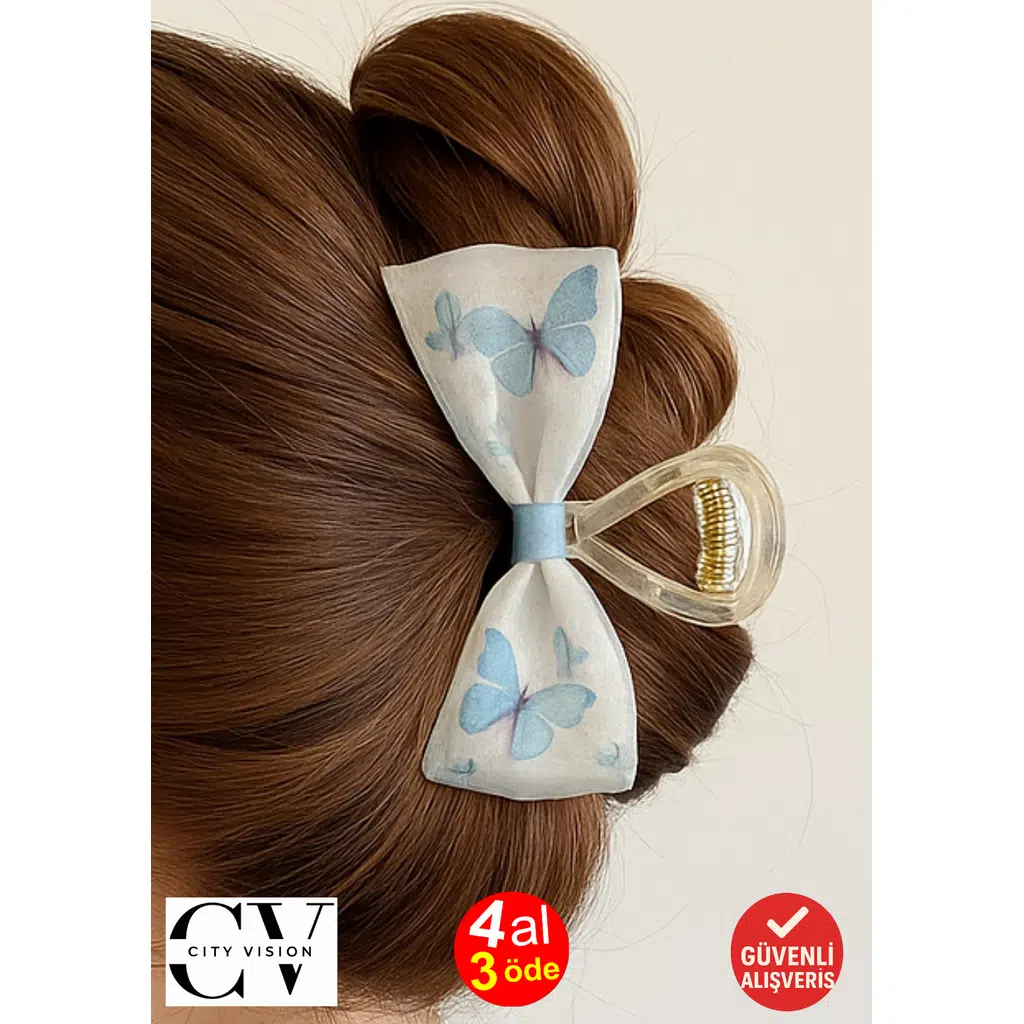 Mavi Kelebek Desenli Fiyonk Model Şeffaf Mandal Saç Tokası 11 cm – Şık ve Zarif Tasarım