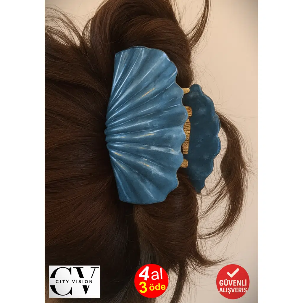 Mavi Renk Mermer Desenli 8 cm Kadın Mandal Saç Tokası