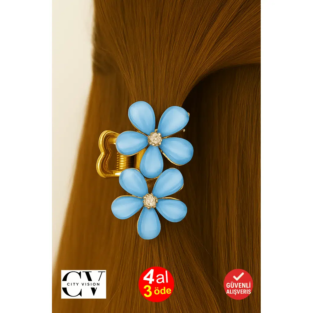 Mavi Taşlı Çiçek Metal Mandal Toka 4 cm 