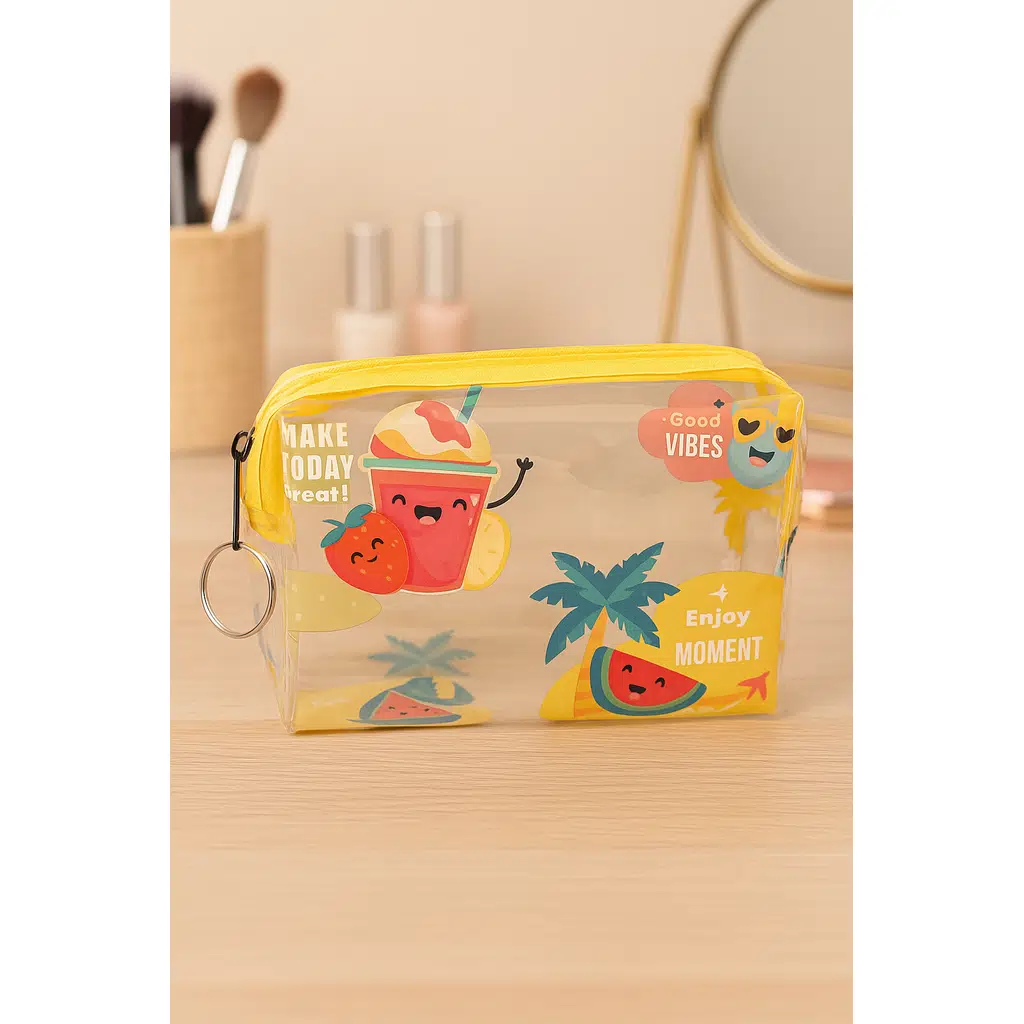 Meyve Figürü Desenli Şeffaf Fermuarlı Mini El ve Makyaj Çantası | 10x6 cm