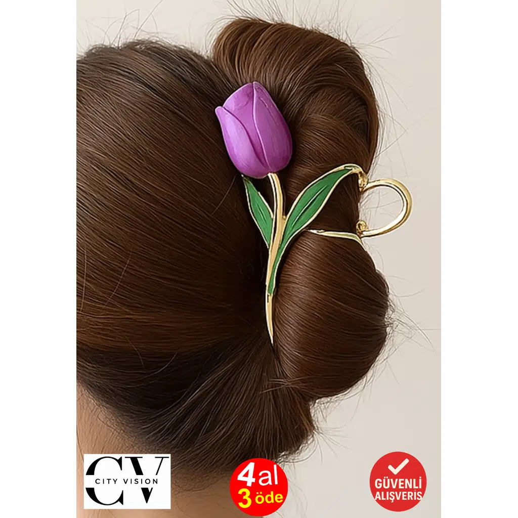 Mor Lale Model Saç Tokası – Zarif Çiçekli Metal Mandal Toka 11 cm