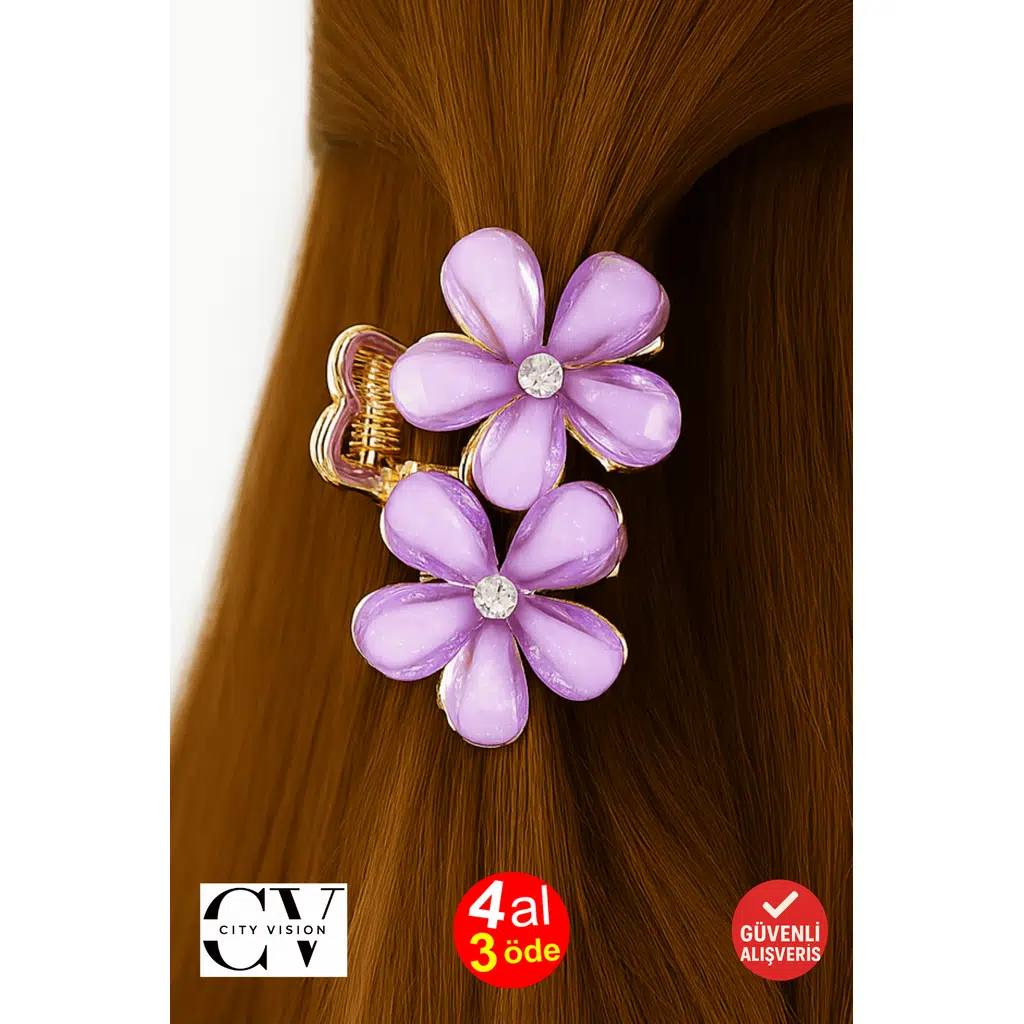 Mor Taşlı Çiçek Metal Mandal Toka 4 cm 