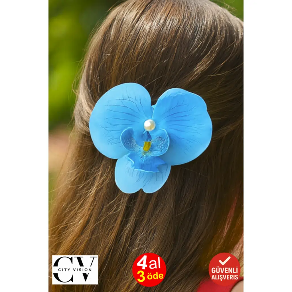 Orkide Çiçeği İncili Elektrik Mavisi Renk Mandal Toka 10 cm Çift Taraflı 1 adet