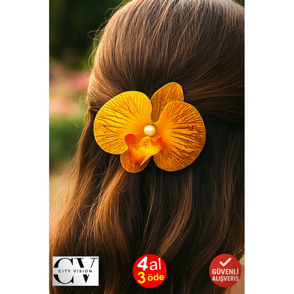 Orkide Çiçeği İncili Günbatımı Rengi Mandal Toka 10 cm Çift Taraflı 1 adet