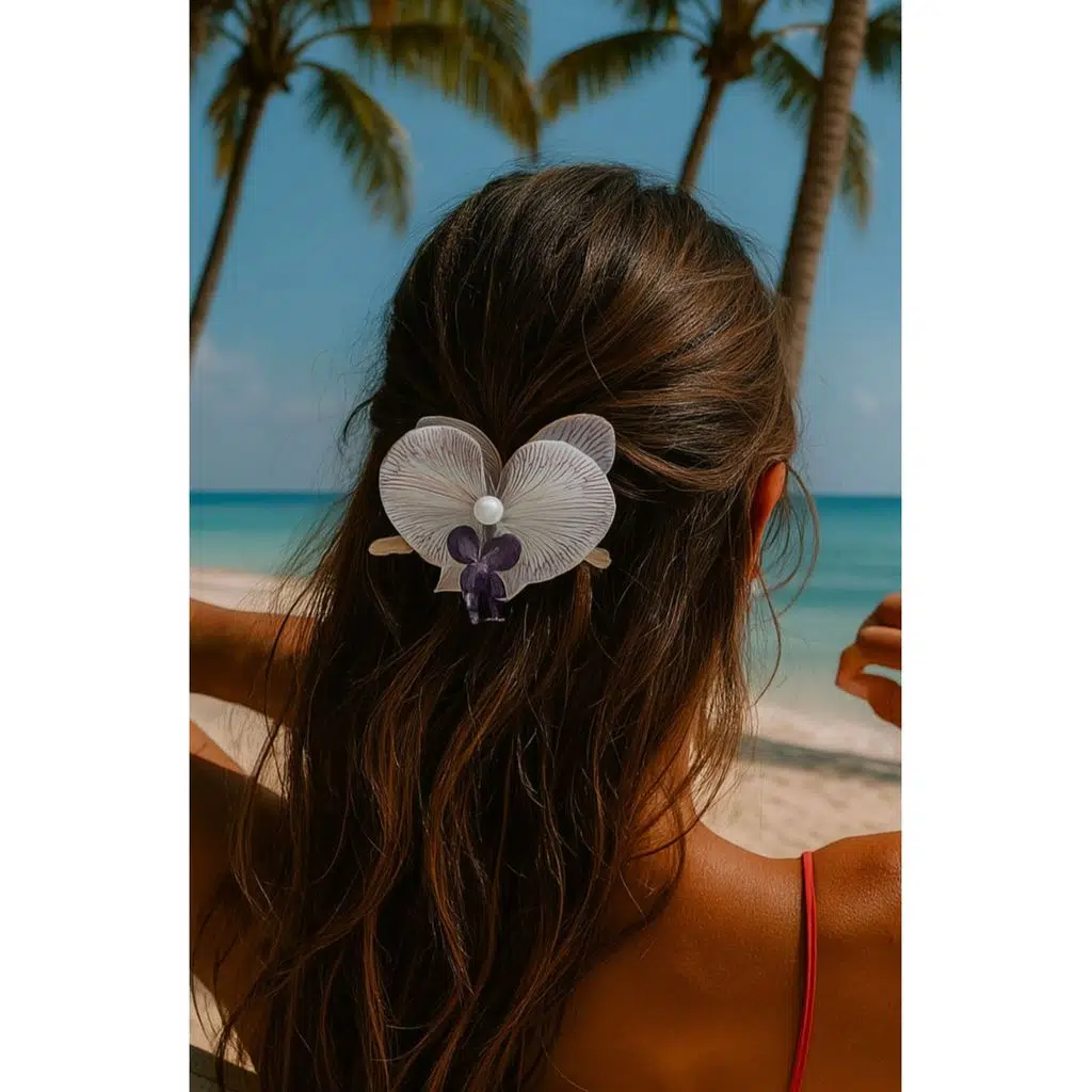 Orkide Çiçeği İncili Mandal Toka 10 cm Çift Taraflı 1 adet