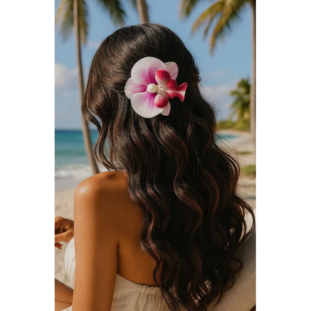 Orkide Çiçeği İncili Mandal Toka 10 cm Çift Taraflı 1 adet