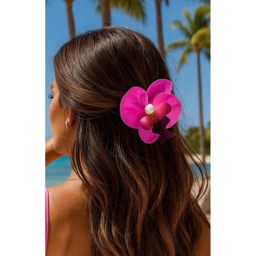 Orkide Çiçeği İncili Mandal Toka 10 cm Çift Taraflı 1 adet