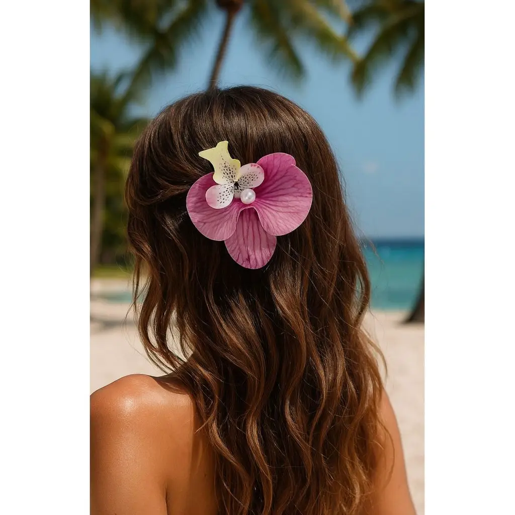 Orkide Çiçeği İncili Mandal Toka 10 cm Çift Taraflı 1 adet