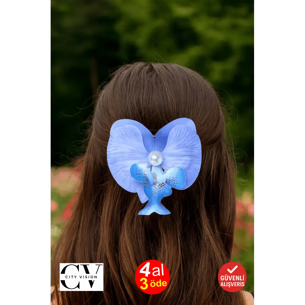 Orkide Çiçeği İncili Mandal Toka 10 cm Çift Taraflı Açık Mavi Renk 1 adet