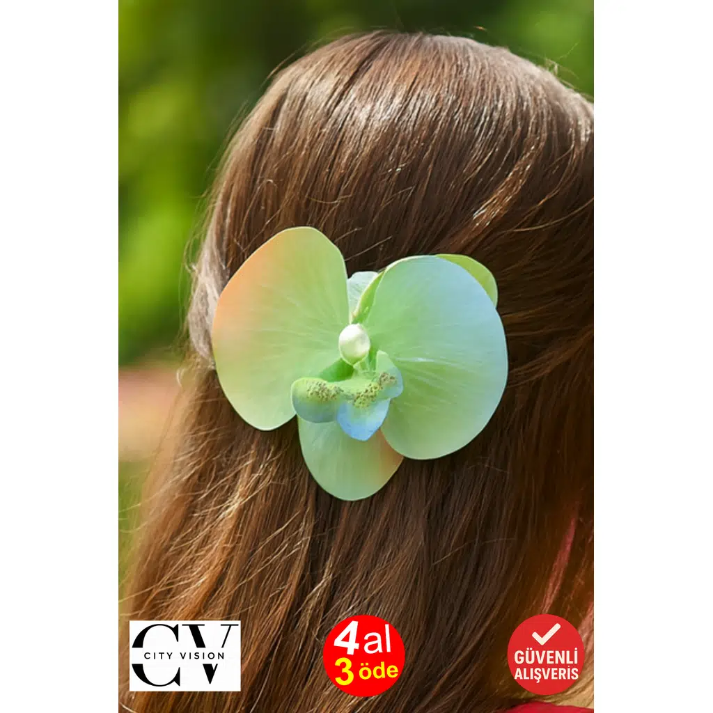 Orkide Çiçeği İncili Su Yeşili Renk Mandal Toka 10 cm Çift Taraflı 1 adet