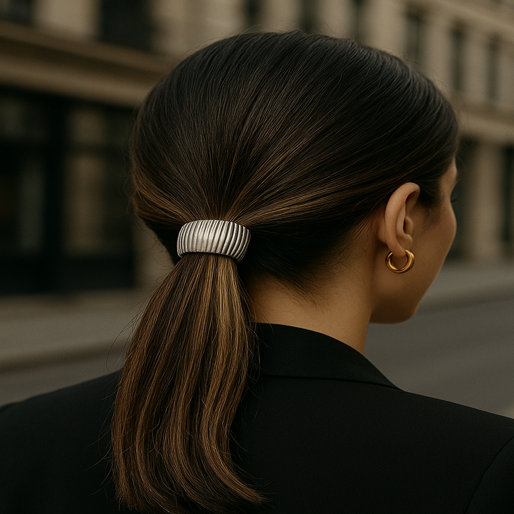 Parlak Gümüş Renk Metal Detaylı Modern Lastik Saç Tokası – Elastik ve Şık Toka Modeli
