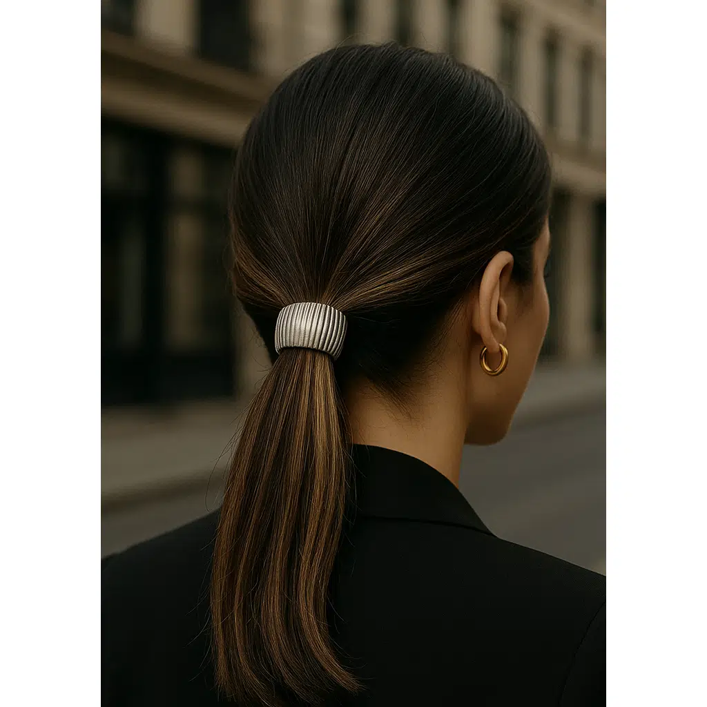 Parlak Gümüş Renk Metal Detaylı Modern Lastik Saç Tokası – Elastik ve Şık Toka Modeli