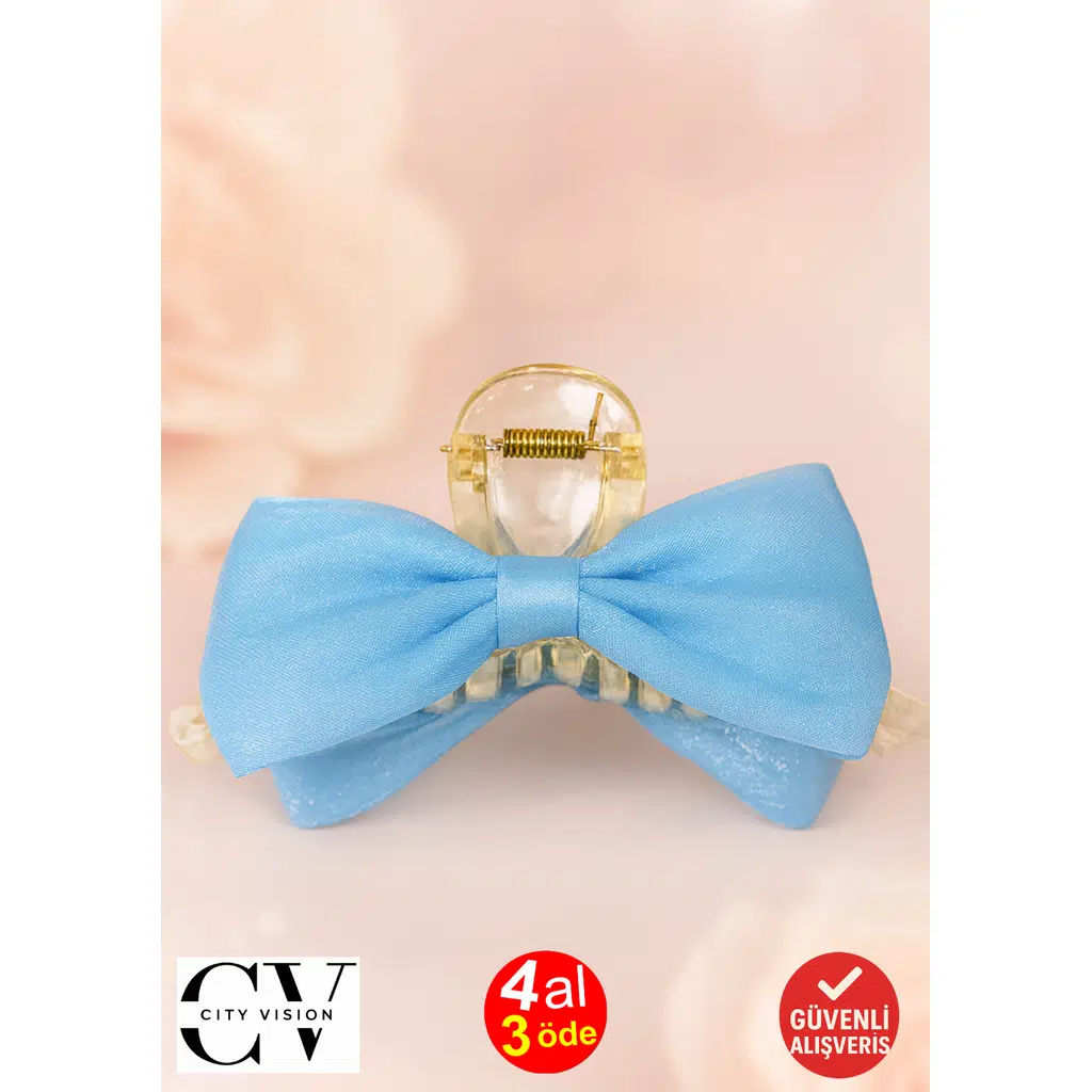 Parlak Saten Mavi Fiyonk Çift Taraflı Mandal Toka 11 cm