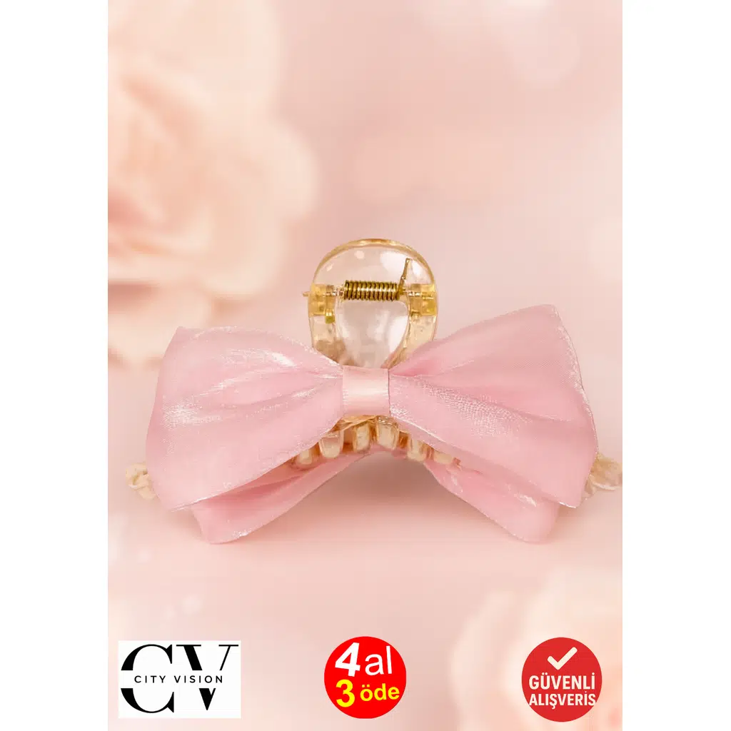 Parlak Saten Pembe Fiyonk Çift Taraflı Mandal Toka 11 cm