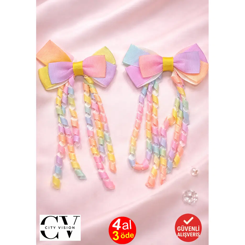 Pastel Renkli Kurdele Fiyonk Bebek Tokası – Yumuşak ve Zarif Çiftli Set 8 cm