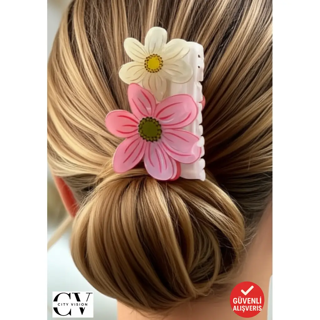 Pembe Beyaz Çiçek Desenli Kemik Saç Tokası – Bahar Temalı 9 cm Mandal Toka