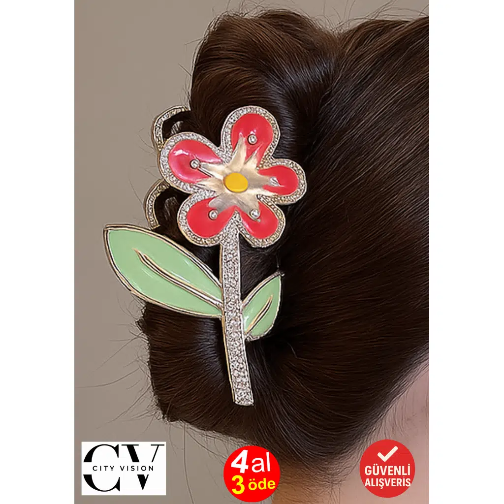 Pembe Çiçek Model Taşlı Saç Tokası – Zarif Metal Mandal Toka 11 cm